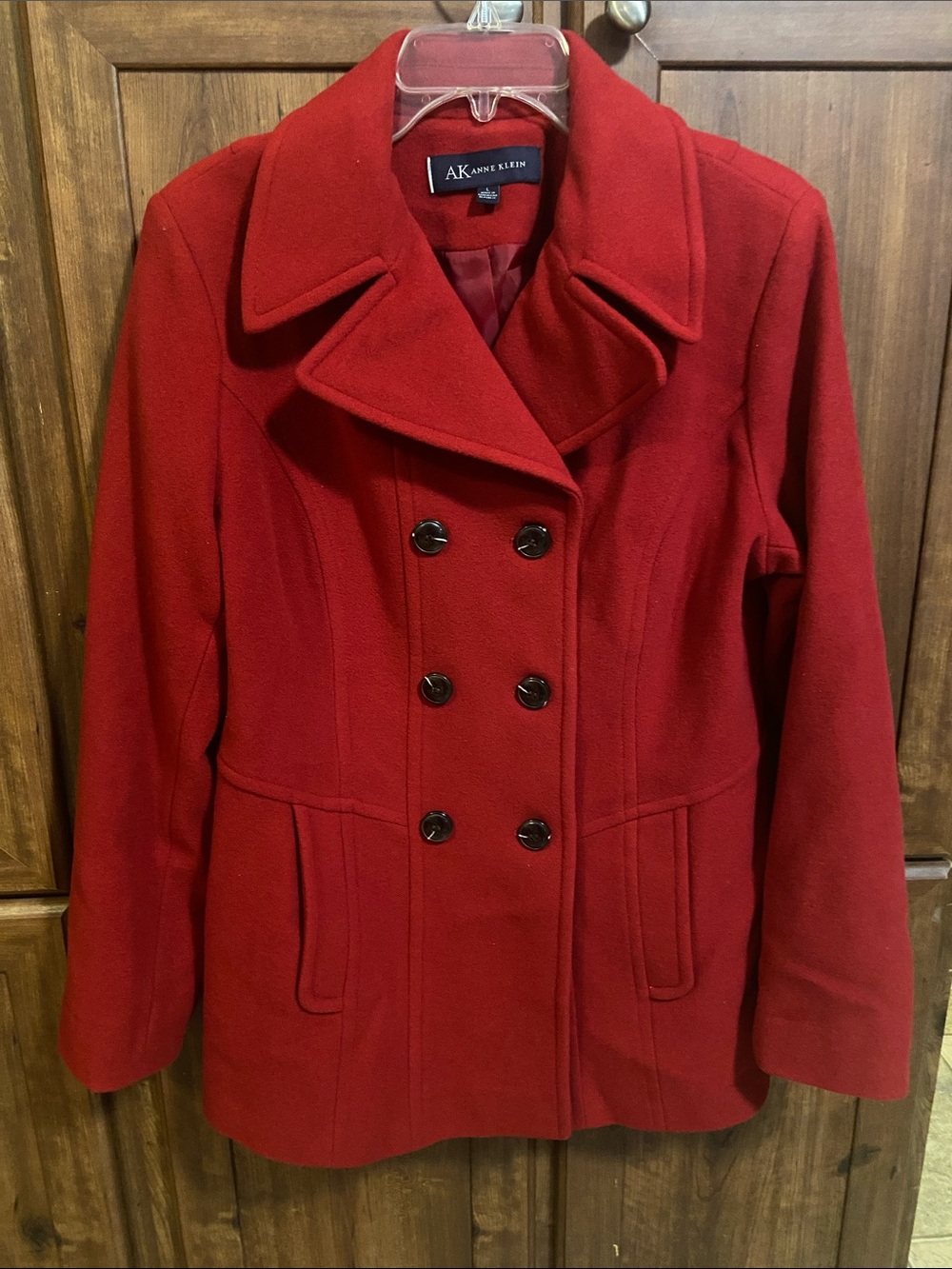 Anne Klein Crimson Double-Breasted Wool Blend Pea Coat